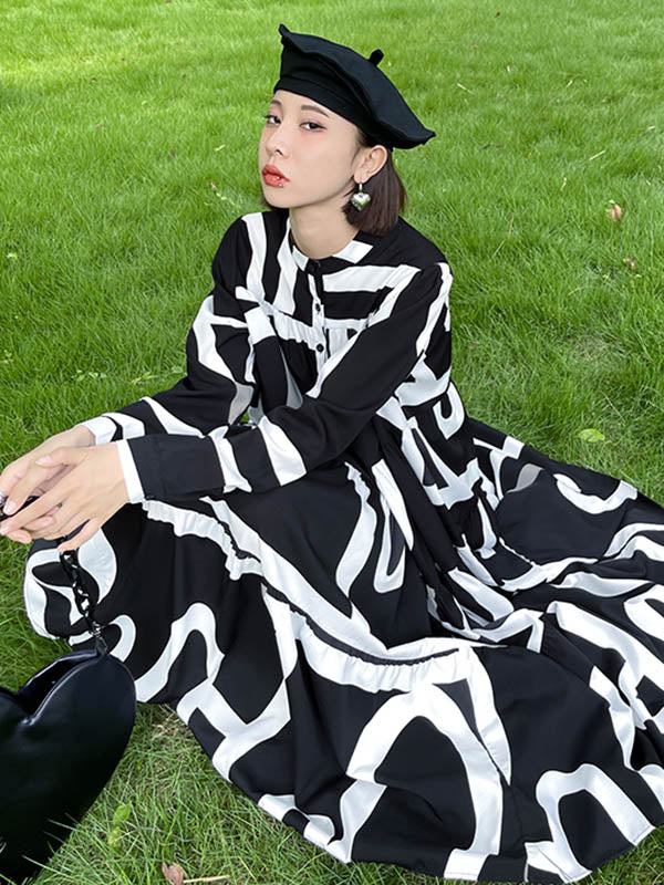 Loose Stand Collar Printed A-Line Midi Dress