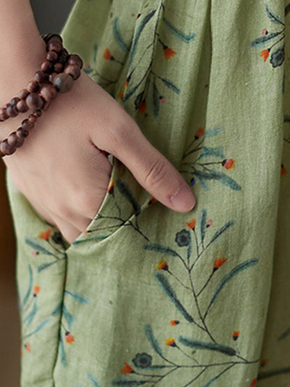 Artistic Retro Contrast Color Floral Printed Midi Dress