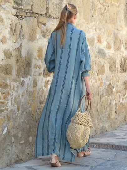 Striped Deep V-neck Ramie Cotton Maxi Dress