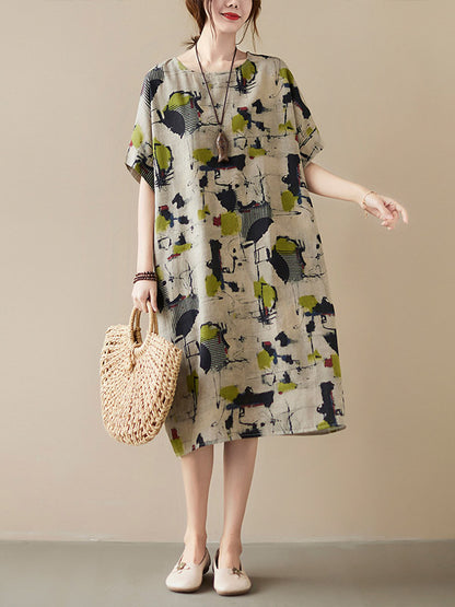 Artistic Retro Ramie Cotton Printed Round-Neck Half Sleeves Midi Dress