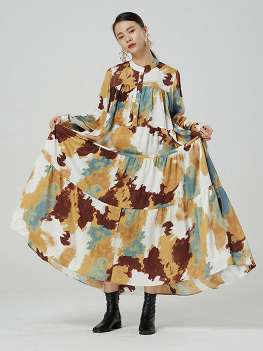 Original Graffiti Contrast Color Tie-Dyed Buttoned Pleated Stand Collar Long Sleeves Maxi Dress