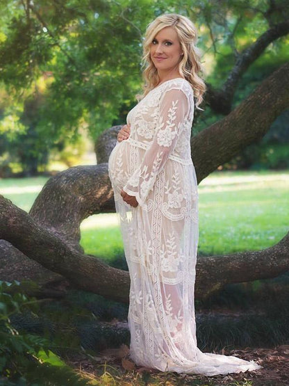 Maternity Hollow Lace Long Sleeve Maxi Dress