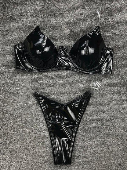 Patent Leather Solid Color Split Bikini Swimsuit