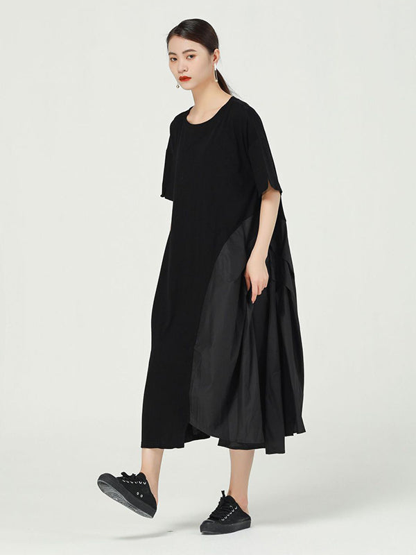 Stylish Asymmetric Split-Joint Round-Neck Loose Short Sleeves Midi Dress