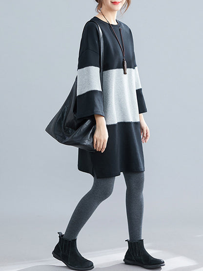 Casual Loose Split-Joint Round-Neck Long Sleeves Mini Dress