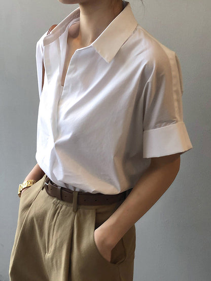 Simple Urban Solid Color Pleated Lapel Collar Short Sleeves Blouse