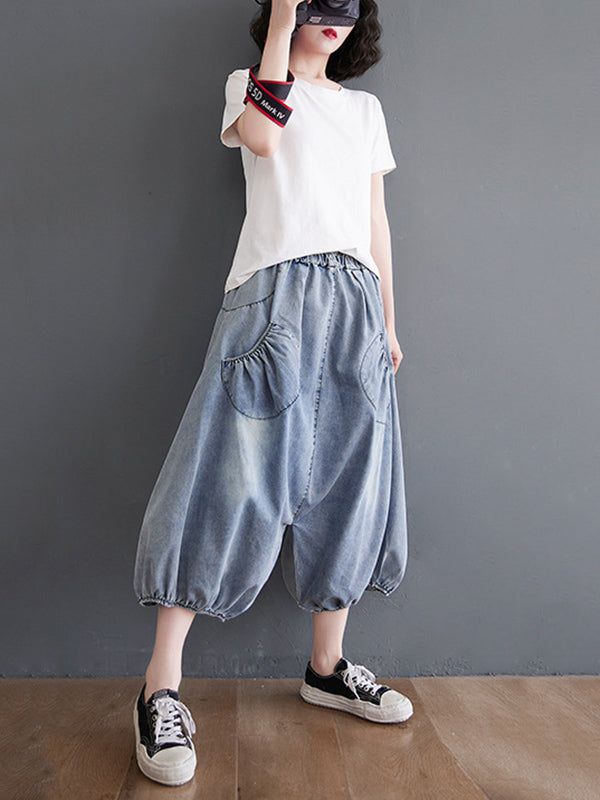 Loose Casual Elasticity High-Waist Wide Legs Jean Pants Knickerbockers