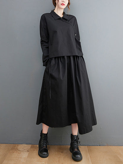 Artistic Retro Irregular Split-Joint Plaid Pleated Buttoned Elasticity Waist Lapel Collar Long Sleeves Midi Shirt Dress