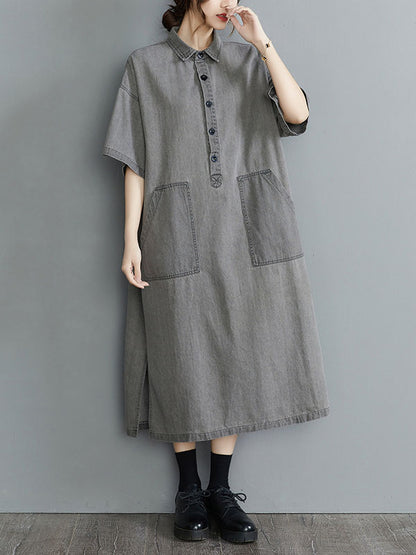 Artistic Retro Split-Joint Lapel Short Sleeves Loose Shirt Dress
