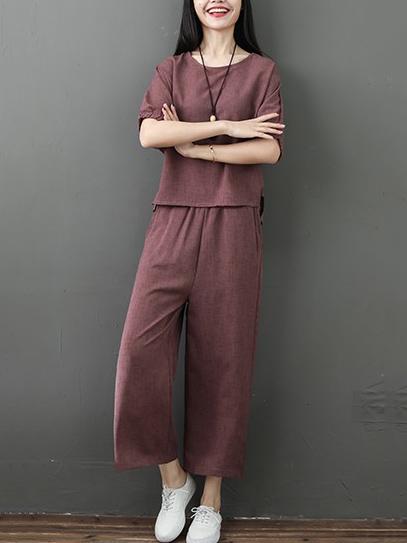 Solid  Short Sleeves Blouse + Wide Leg Pants Suit