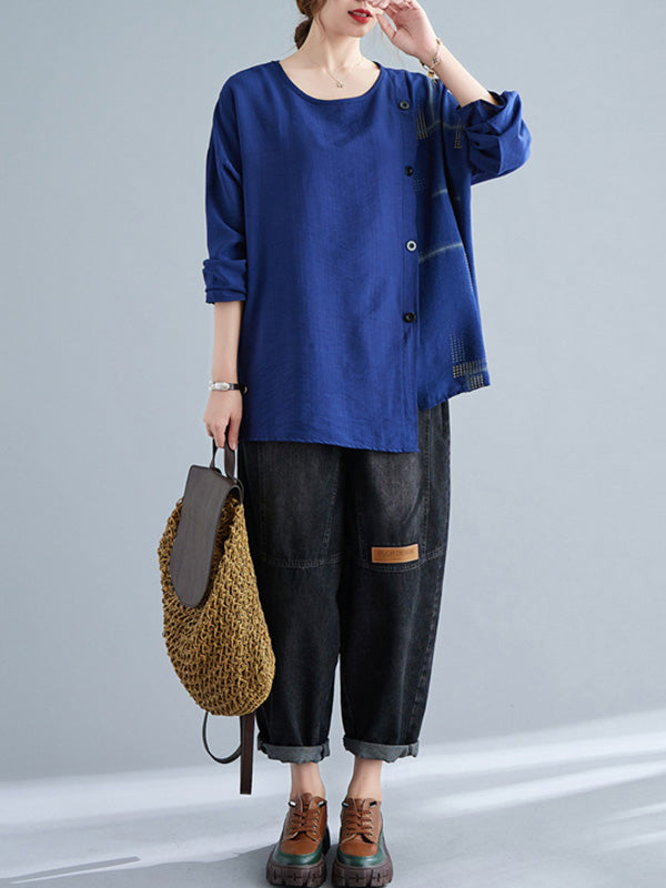 Casual Asymmetric Buttoned Round-Neck Long Sleeves T-Shirt Tops