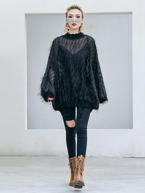 Fuzzy Tasseled See-through Batwing Sleeves Shirt Top