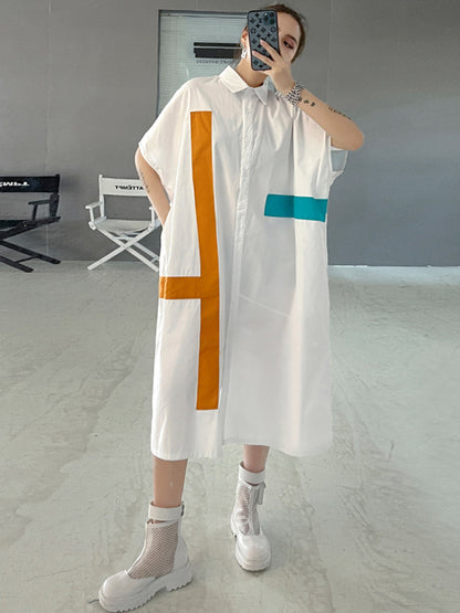 Original Loose Contrast Color Striped Printed Midi Shirt Dress