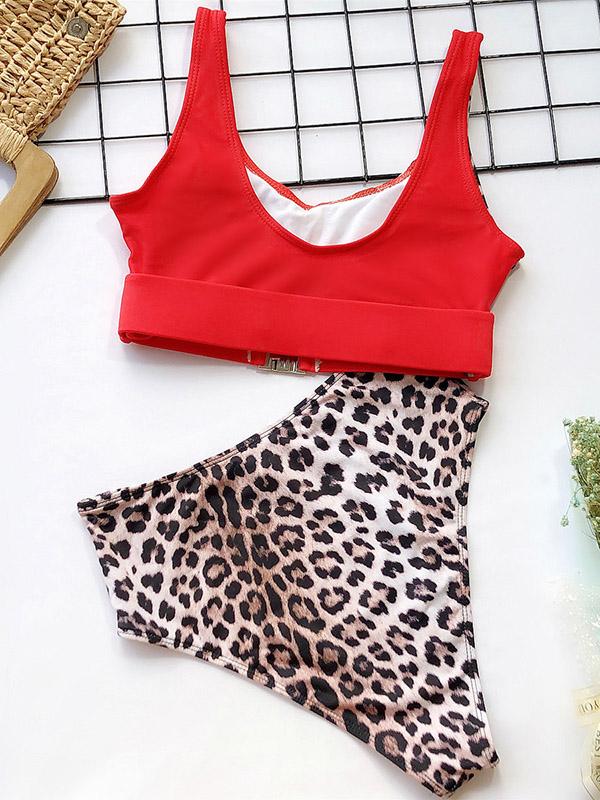 Stitching Leopard Empire Bikini Swimsuit