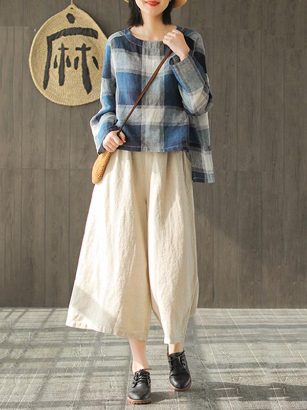 Ramie Cotton Plaid High-low Loose Fresh Shirt Top
