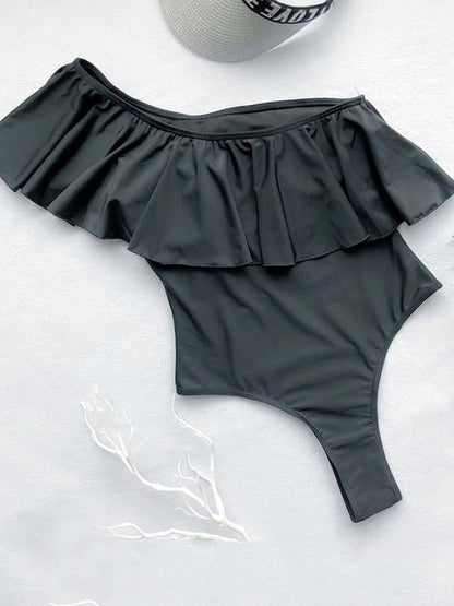 Falbala Single Shoulder Black One Piece Swimsuit