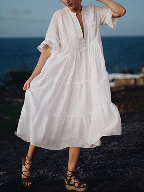 Vacation V-neck Short Sleeve Loose Midi Dress