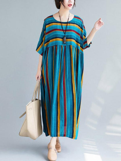 Loose Retro Striped Round-neck Long Dress