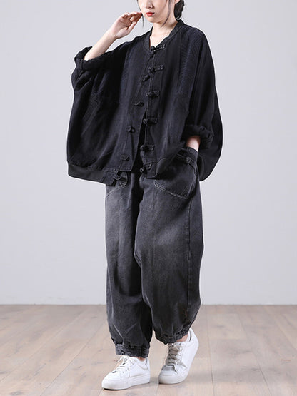 Vintage Buttoned Split-Joint Printed Long Sleeves Denim Jackets Outerwear