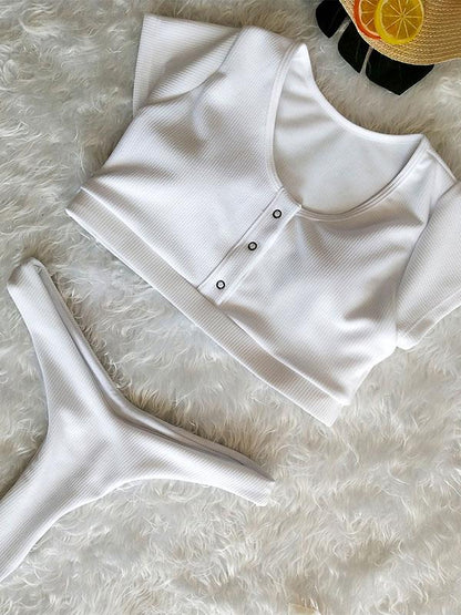 Button Short Sleeves Solid Bikinis Swimwear