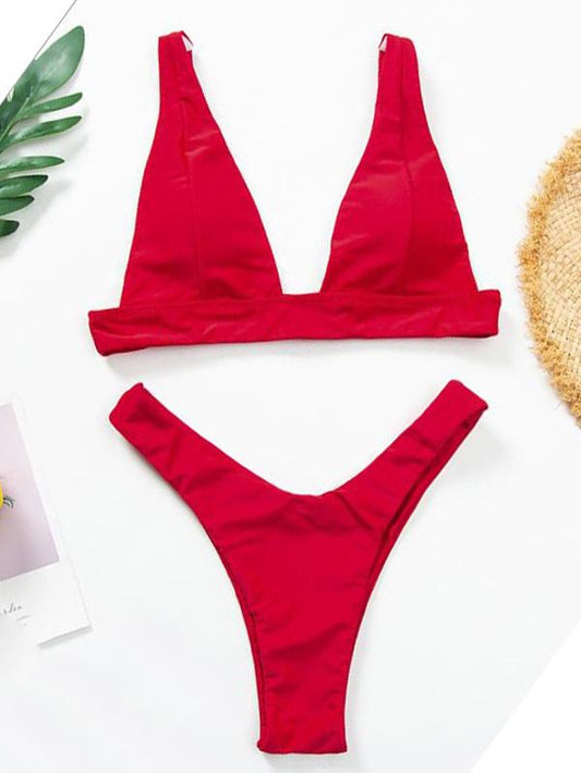 Solid Color Deep V-Neck Split Bikini Swimsuit