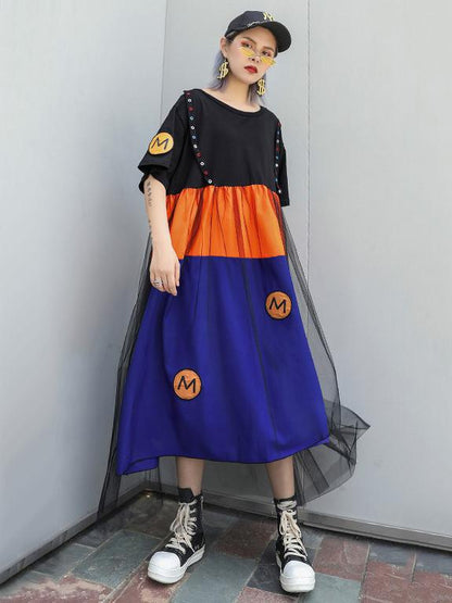 Loose Mesh Split-joint Short Sleeves Dress
