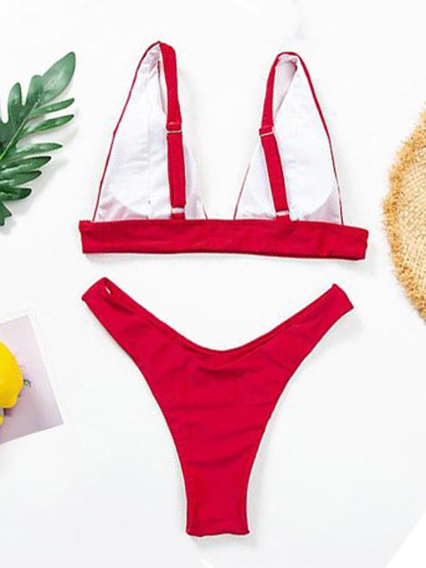 Solid Color Deep V-Neck Split Bikini Swimsuit