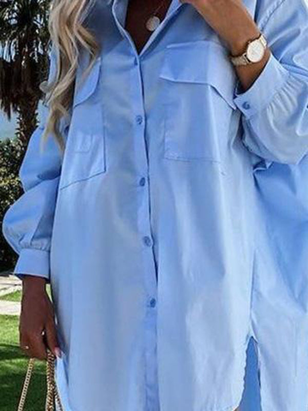 Casual Long Sleeves High-Low Solid Color Lapel Mini Dresses Blouses Shirt Dress