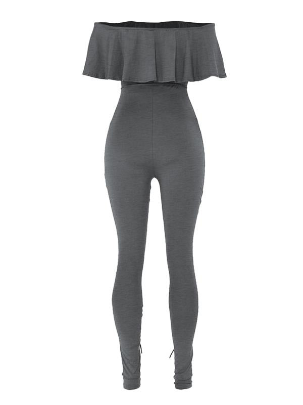 Off-The-Shoulder Lotus Leaf Sleeves Solid Sexy Jumpsuit