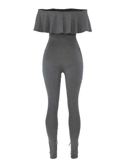 Off-The-Shoulder Lotus Leaf Sleeves Solid Sexy Jumpsuit