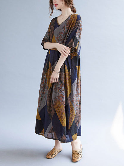 Vintage Printed V-Neck Half Sleeves Midi Dress