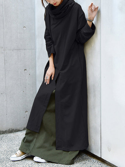 Casual Solid Color Split-Side Heaps Collar Long Sleeves Midi Dress