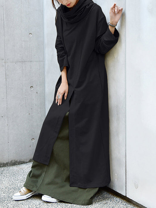 Casual Solid Color Split-Side Heaps Collar Long Sleeves Midi Dress