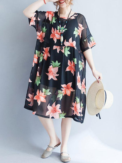 Literary Flower Chiffon Long Dress