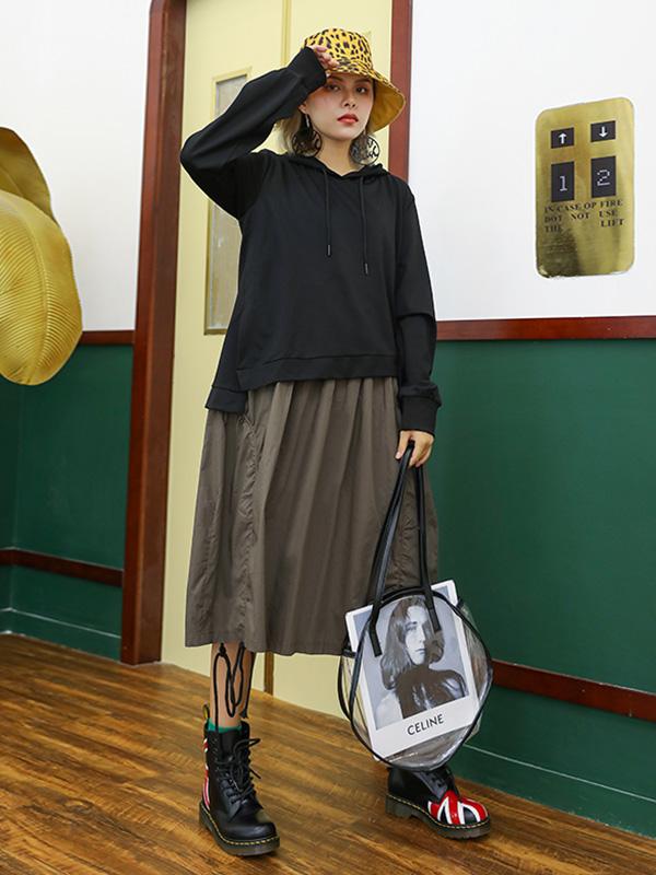 Retro False Two Split-joint Drawstring Sweatshirt Dress