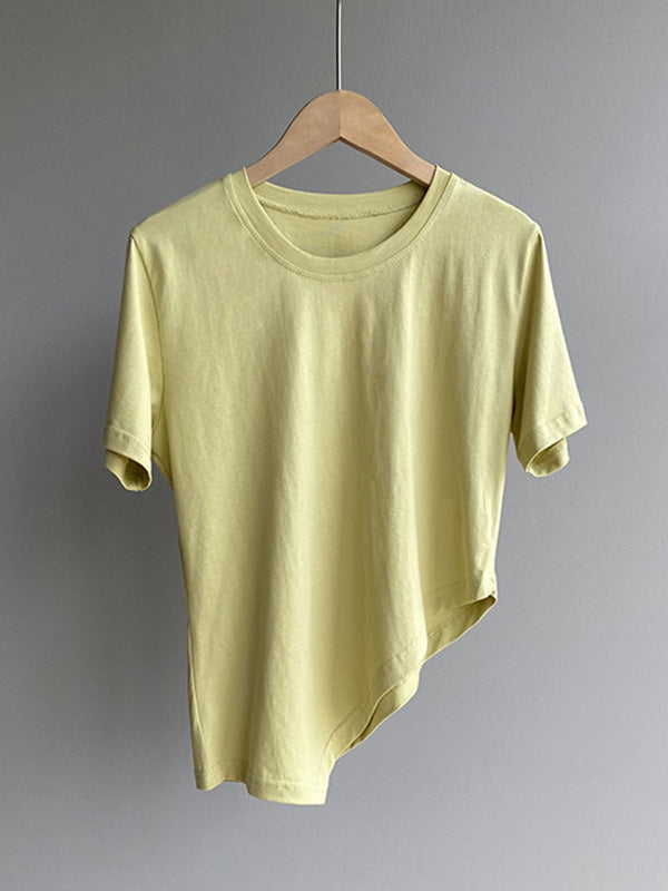 Casual Solid Color Asymmetric Round-Neck Short Sleeves T-Shirt