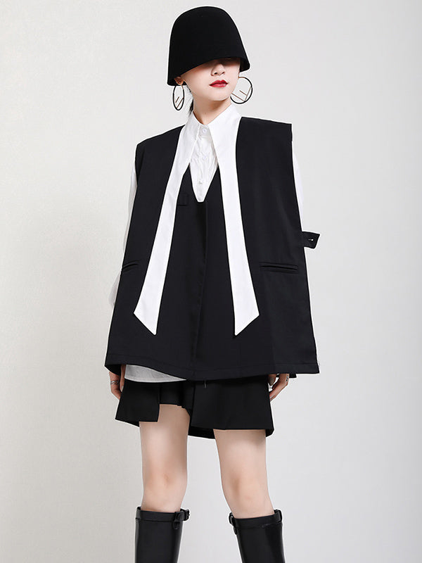 Stylish Urban Contrast Color Buttoned Lapel Collar Long Sleeves Blouse+Sleeveless Vest Outwear