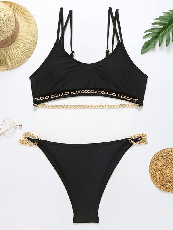 Solid Color Chain Split Bikini Swimsuit