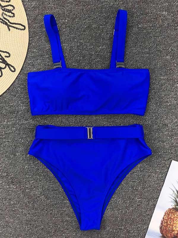 Solid Color Metal Buckle Bikini Swimsuit