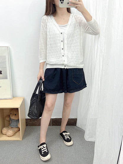 Loose Solid Color Linen Hollow Knitting Cardigan Top