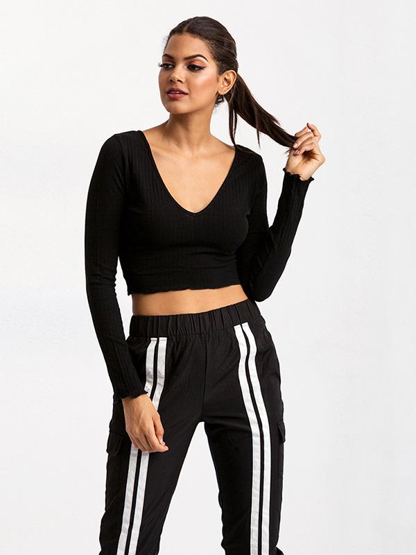 Solid Bare Midriff Off-the-shoulder Tee