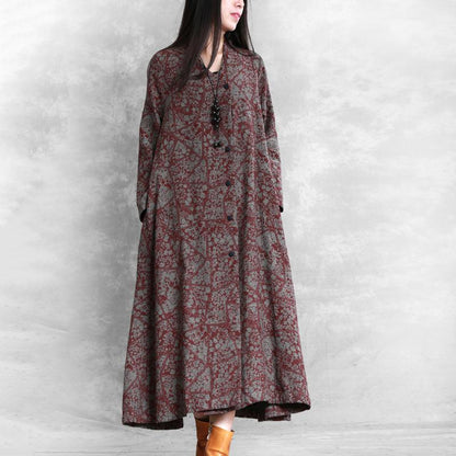 Buykud Retro Plant Printed Casual Loose Dress