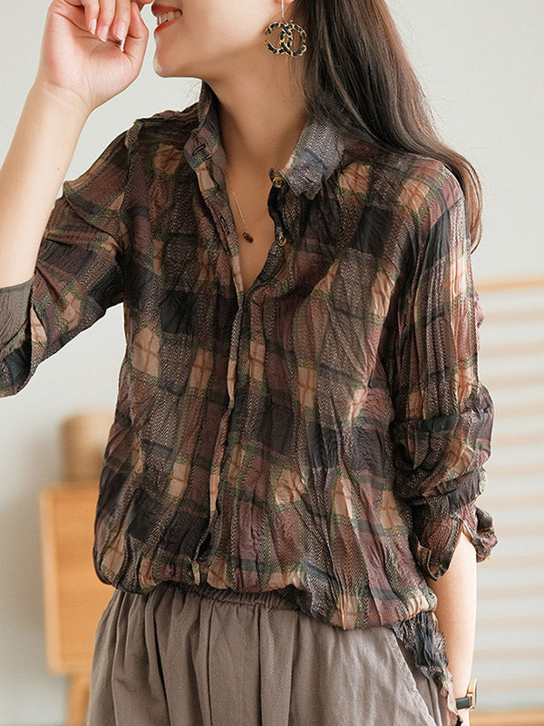 Vintage Long Sleeves Buttoned Plaid Printed Blouses Top