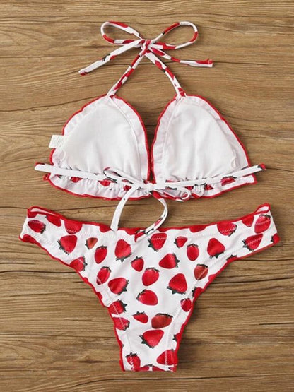 Strawberry Print Ruffled Triangle Split Bikini Swimsuit