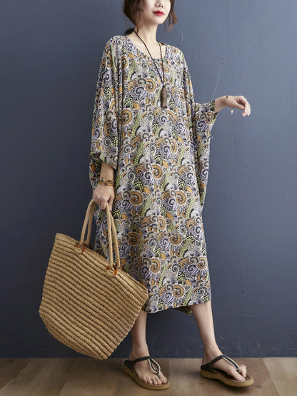 Loose National Floral Printed Round-Neck Batwing Sleeves Midi Dress