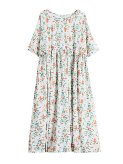 Casual Floral Printed Round-Neck Short Sleeves Midi Dress