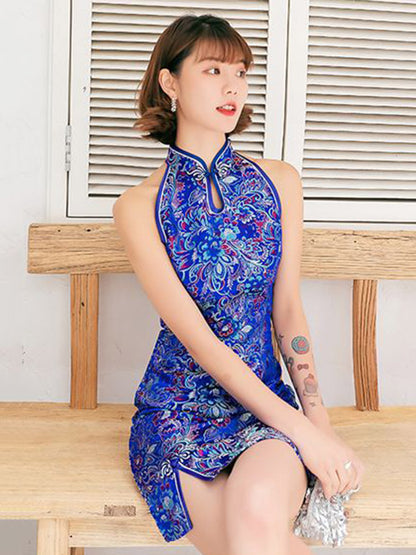Original Floral Printed Stand Collar Sleeveless Short Cheongsams