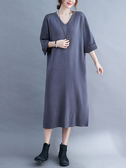 Urban Solid Color V-Neck Split-Side Knitting H-Line Sweater Dress