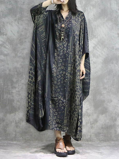 Vintage Split-joint Loose Silk Printed Maxi Dress