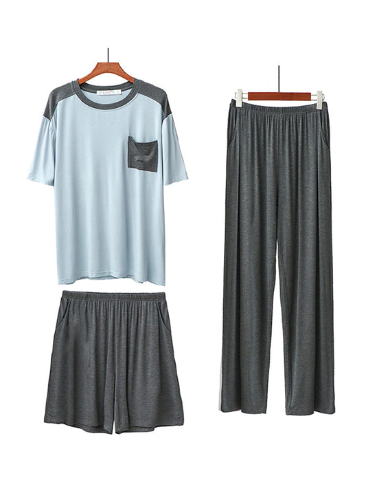 Casual Loose Contrast Color Split-Joint With Pocket Round Neck Short Sleeves T-Shirt&Solid Color Elasticity Shorts&Wide Legs Pants 3 Pieces Pajama Set
